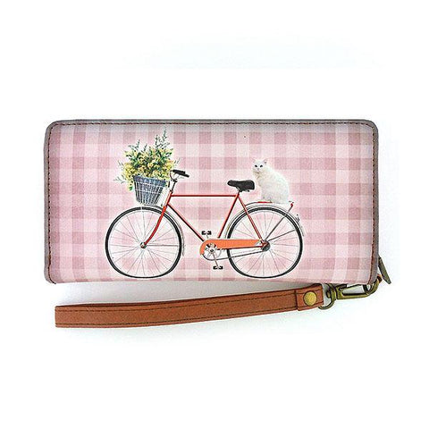 Eco-friendly, cruelty-free, ethically made fun retro look cat on bicycle print large wristlet wallet by Mlavi Studio for everyday use, travel or as whimsical gift for family & friends. Wholesale at www.mlavi.com