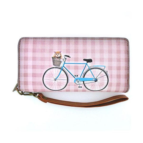 Eco-friendly, cruelty-free, ethically made fun retro look cat on bicycle print large wristlet wallet by Mlavi Studio for everyday use, travel or as whimsical gift for family & friends. Wholesale at www.mlavi.com