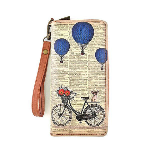 Eco-friendly, cruelty-free, ethically made fun retro look dog on bicycle print large wristlet wallet by Mlavi Studio. Great for everyday use, travel or as whimsical gift for family & friends. Wholesale at www.mlavi.com to gift shop, clothing & fashion accessories boutiques, book stores worldwide.
