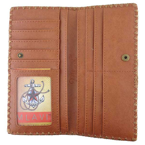 Mlavi large vegan flat wallet with whimsical & exotic Ikat pattern print & framed with decorative stitches around the edge made with cruelty-free Eco-friendly faux/vegan materials. This bohemian chic vegan wallet is fun & functional for everyday use or as gift for your family & friends who appreciate fashion accessories that makes bold statement especially for those who embrace vegan life style. 