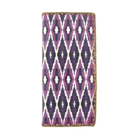 Mlavi large vegan flat wallet with whimsical & exotic Ikat pattern print & framed with decorative stitches around the edge made with cruelty-free Eco-friendly faux/vegan materials. This bohemian chic vegan wallet is fun & functional for everyday use or as gift for your family & friends who appreciate fashion accessories that makes bold statement especially for those who embrace vegan life style. 