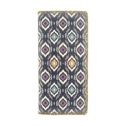 Mlavi large vegan flat wallet with whimsical & exotic Ikat pattern print & framed with decorative stitches around the edge made with cruelty-free Eco-friendly faux/vegan materials. This bohemian chic vegan wallet is fun & functional for everyday use or as gift for your family & friends who appreciate fashion accessories that makes bold statement especially for those who embrace vegan life style. 