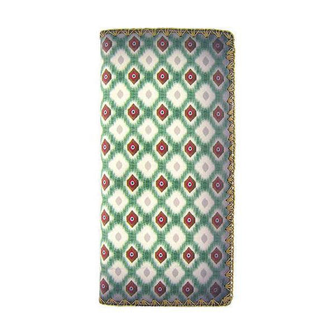 Mlavi large vegan flat wallet with whimsical & exotic Ikat pattern print & framed with decorative stitches around the edge made with cruelty-free Eco-friendly faux/vegan materials. This bohemian chic vegan wallet is fun & functional for everyday use or as gift for your family & friends who appreciate fashion accessories that makes bold statement especially for those who embrace vegan life style. 