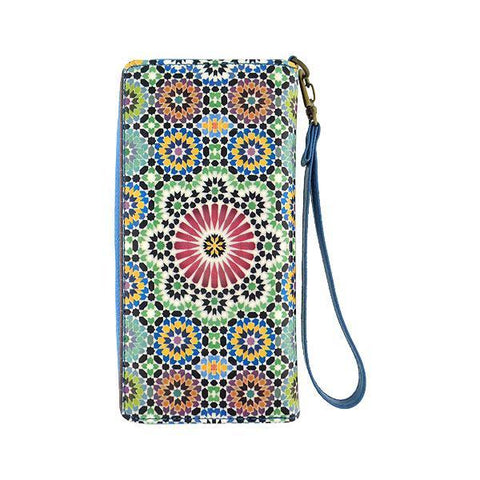 Mlavi Moroccan pattern print vegan large wristlet wallet made with Eco-friendly vegan materials. Great for everyday use, travel & as a gift for family & friends. Wholesale at www.mlavi.com gift shops, fashion accessories & clothing boutiques, book stores in Canada, USA & worldwide.