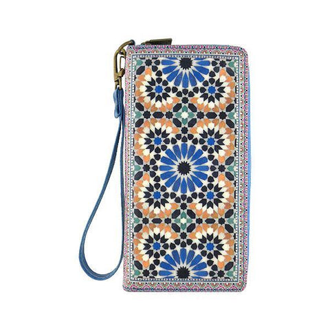 Mlavi Moroccan pattern print vegan large wristlet wallet made with Eco-friendly vegan materials. Great for everyday use, travel & as a gift for family & friends. Wholesale at www.mlavi.com gift shops, fashion accessories & clothing boutiques, book stores in Canada, USA & worldwide.