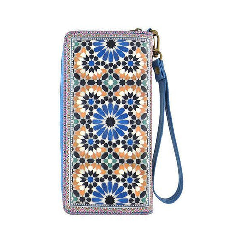 Mlavi Moroccan pattern print vegan large wristlet wallet made with Eco-friendly vegan materials. Great for everyday use, travel & as a gift for family & friends. Wholesale at www.mlavi.com gift shops, fashion accessories & clothing boutiques, book stores in Canada, USA & worldwide.