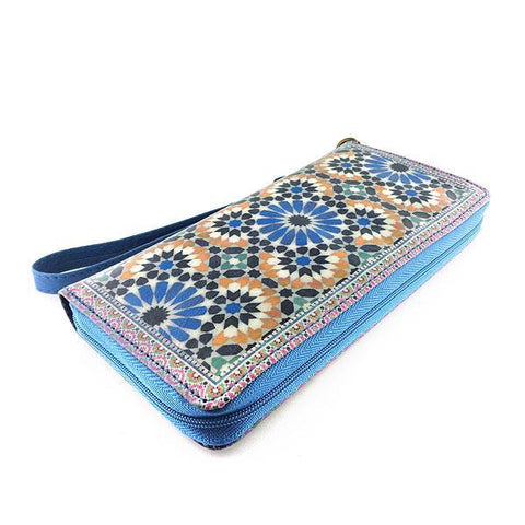 Mlavi Moroccan pattern print vegan large wristlet wallet made with Eco-friendly vegan materials. Great for everyday use, travel & as a gift for family & friends. Wholesale at www.mlavi.com gift shops, fashion accessories & clothing boutiques, book stores in Canada, USA & worldwide.