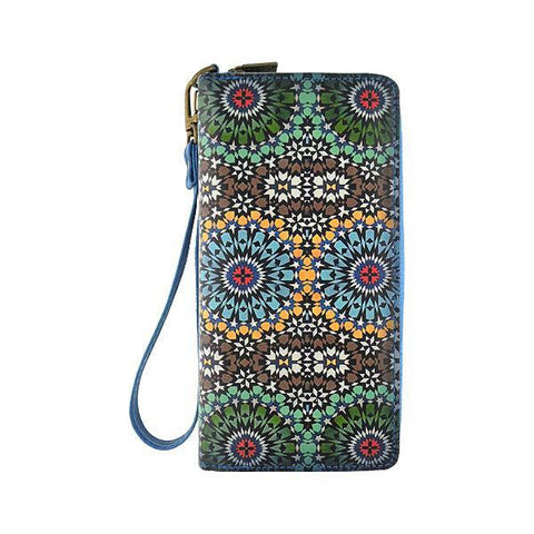 Mlavi Moroccan pattern print vegan large wristlet wallet made with Eco-friendly vegan materials. Great for everyday use, travel & as a gift for family & friends. Wholesale at www.mlavi.com gift shops, fashion accessories & clothing boutiques, book stores in Canada, USA & worldwide.