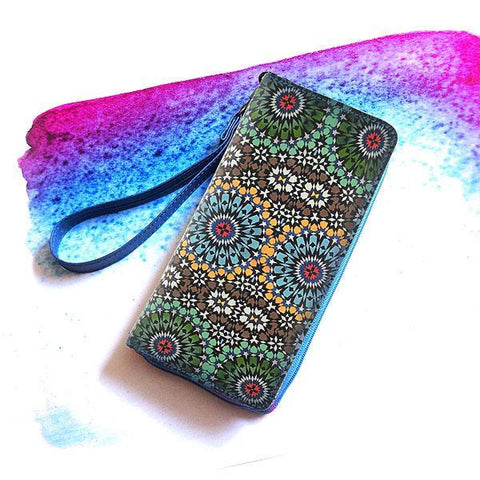 Mlavi Moroccan pattern print vegan large wristlet wallet made with Eco-friendly vegan materials. Great for everyday use, travel & as a gift for family & friends. Wholesale at www.mlavi.com gift shops, fashion accessories & clothing boutiques, book stores in Canada, USA & worldwide.