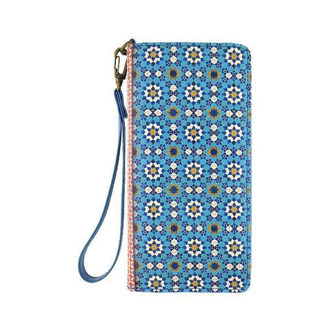 Mlavi Moroccan pattern print vegan large wristlet wallet made with Eco-friendly vegan materials. Great for everyday use, travel & as a gift for family & friends. Wholesale at www.mlavi.com gift shops, fashion accessories & clothing boutiques, book stores in Canada, USA & worldwide.