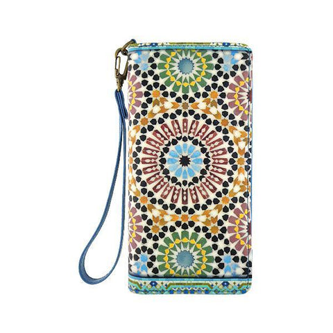 Mlavi Moroccan pattern print vegan large wristlet wallet made with Eco-friendly vegan materials. Great for everyday use, travel & as a gift for family & friends. Wholesale at www.mlavi.com gift shops, fashion accessories & clothing boutiques, book stores in Canada, USA & worldwide.