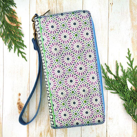 Mlavi Moroccan pattern print vegan large wristlet wallet made with Eco-friendly vegan materials for everyday use, travel & as a gift for family & friends. Wholesale at www.mlavi.com