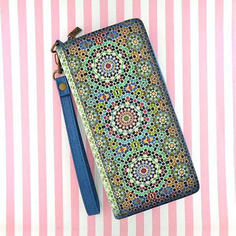 Mlavi Moroccan pattern print vegan large wristlet wallet made with Eco-friendly vegan materials. Great for everyday use, travel & as a gift for family & friends. Wholesale at www.mlavi.com gift shops, fashion accessories & clothing boutiques, book stores in Canada, USA & worldwide.