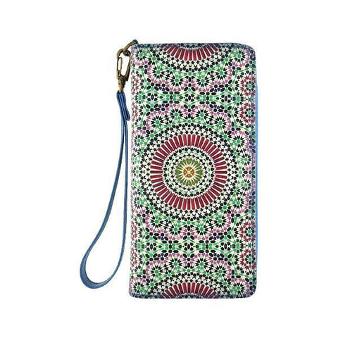 Mlavi Moroccan pattern print vegan large wristlet wallet made with Eco-friendly vegan materials. Great for everyday use, travel & as a gift for family & friends. Wholesale at www.mlavi.com gift shops, fashion accessories & clothing boutiques, book stores in Canada, USA & worldwide.