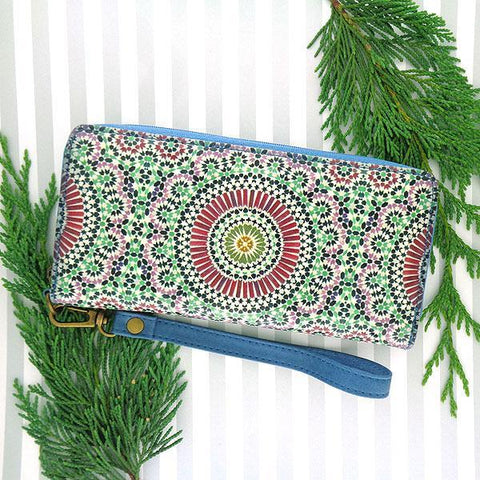 Mlavi Moroccan pattern print vegan large wristlet wallet made with Eco-friendly vegan materials. Great for everyday use, travel & as a gift for family & friends. Wholesale at www.mlavi.com gift shops, fashion accessories & clothing boutiques, book stores in Canada, USA & worldwide.