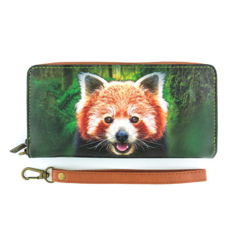 Mlavi smiley red panda print vegan leather large wristlet wallet