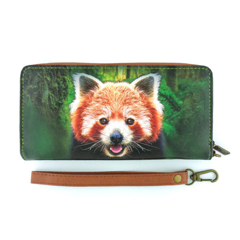 Mlavi smiley red panda print vegan leather large wristlet wallet