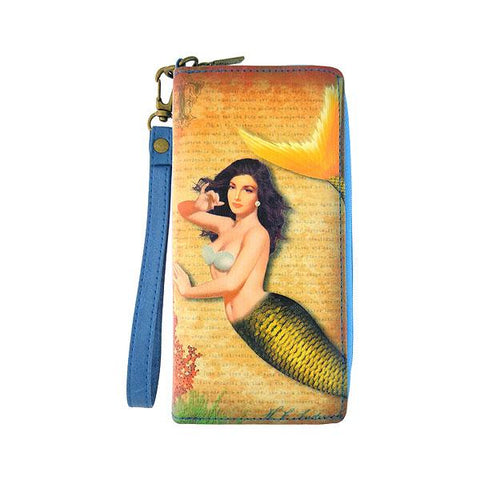 Mlavi Eco-friendly vegan whimsical mermaid with pearl large wristlet wallet for everyday use, travel & a wonderful gift idea.  Wholesale at www.mlavi.com