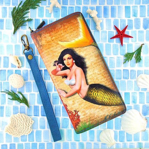 Mlavi Eco-friendly vegan whimsical mermaid with pearl large wristlet wallet for everyday use, travel & a wonderful gift idea.  Wholesale at www.mlavi.com