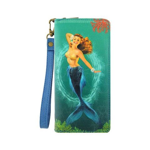 Mlavi Eco-friendly vegan smiley blond mermaid large wristlet wallet for everyday use, travel & a wonderful gift idea.  Wholesale at www.mlavi.com