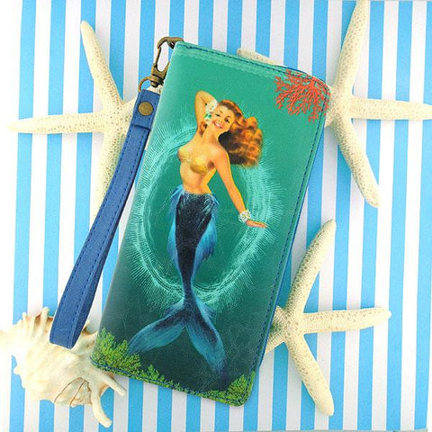 Mlavi Eco-friendly vegan smiley blond mermaid large wristlet wallet for everyday use, travel & a wonderful gift idea.  Wholesale at www.mlavi.com