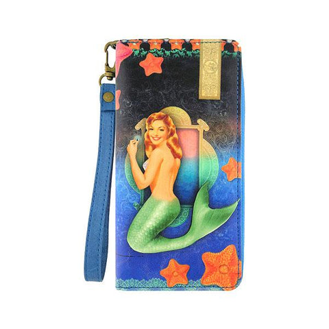 Mlavi Eco-friendly vegan pinup style blond mermaid & starfish vegan large wristlet wallet for everyday use, travel & a wonderful gift idea.  Wholesale at www.mlavi.com