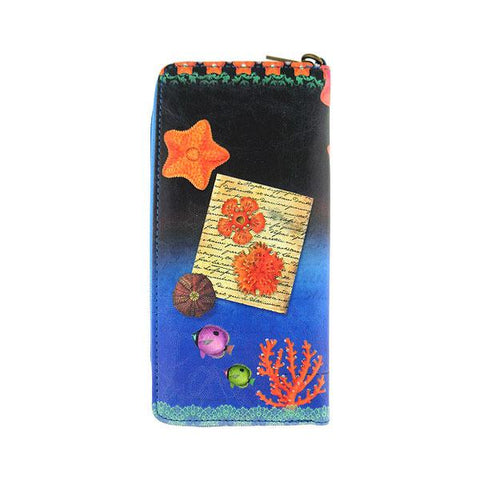 Mlavi Eco-friendly vegan pinup style blond mermaid & starfish vegan large wristlet wallet for everyday use, travel & a wonderful gift idea.  Wholesale at www.mlavi.com