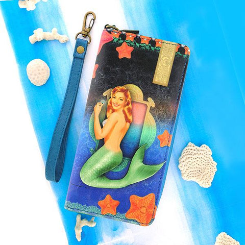 Mlavi Eco-friendly vegan pinup style blond mermaid & starfish vegan large wristlet wallet for everyday use, travel & a wonderful gift idea.  Wholesale at www.mlavi.com