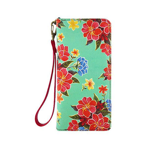 Mlavi Eco-friendly, cruelty-free, ethically made vegan wristlet wallet features colorful Mexican oilcloth hibiscus flower pattern print. Great for every use, travel or as gift for family & friends. Wholesale at www.mlavi.com for gift shops, clothing & fashion accessories boutiques worldwide.