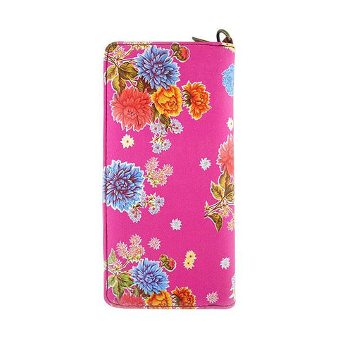 Mexican retro oilcloth style mum flower print pink vegan wristlet wallet for every use, travel or as gift for family & friend. Wholesale at www.mlavi.com