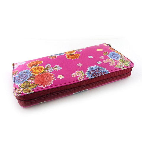 Mexican retro oilcloth style mum flower print pink vegan wristlet wallet for every use, travel or as gift for family & friend. Wholesale at www.mlavi.com