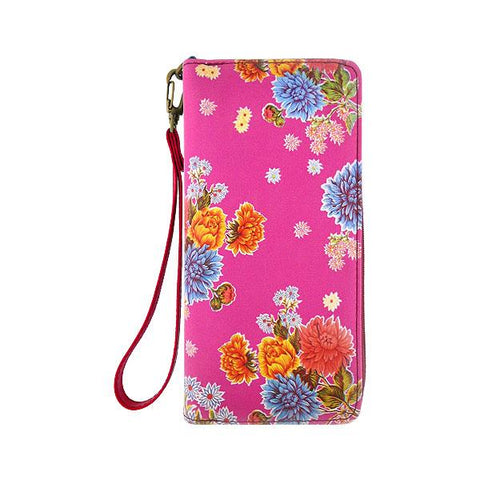 Mexican retro oilcloth style mum flower print pink vegan wristlet wallet for every use, travel or as gift for family & friend. Wholesale at www.mlavi.com