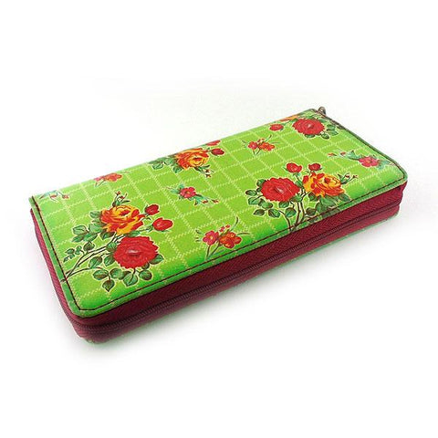 Mexican oilcloth style rose flower print green vegan wristlet wallet for every use, travel or as gift for family & friends. Wholesale at www.mlavi.com