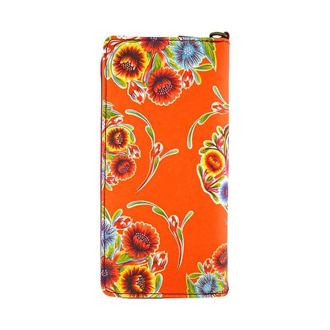 Mexican oilcloth style bloom flower print orange vegan wristlet wallet for every use, travel or as gift for family & friends. Wholesale at www.mlavi.com