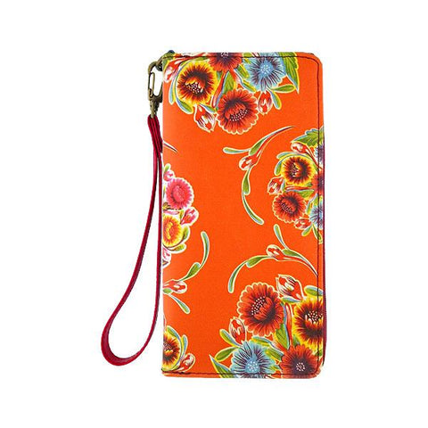 Mexican oilcloth style bloom flower print orange vegan wristlet wallet for every use, travel or as gift for family & friends. Wholesale at www.mlavi.com