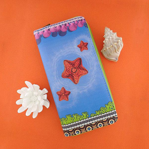 Mlavi whimsical starfish print vegan large zipper wallet