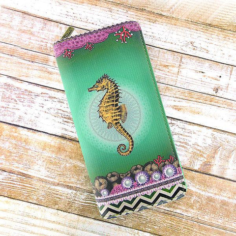 Mlavi whimsical seahorse print vegan large zipper wallet