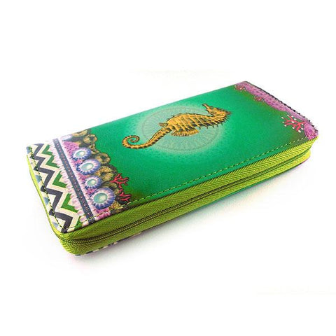Mlavi whimsical seahorse print vegan large zipper wallet