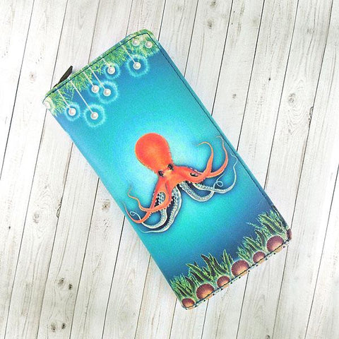 Mlavi whimsical octopus print vegan large wristlet wallet