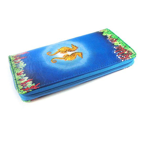 Mlavi whimsical seahorse print vegan large wristlet wallet