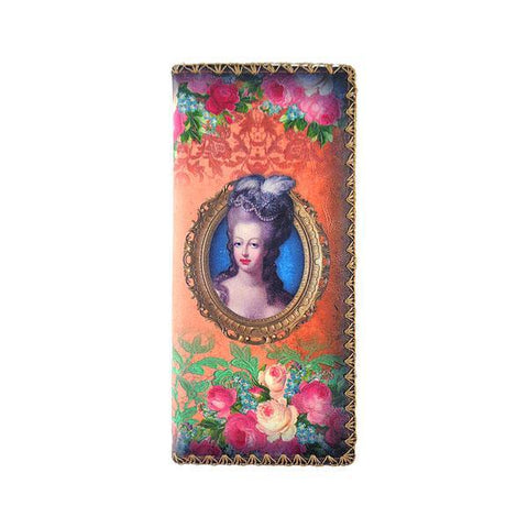 Mlavi vintage style queen Marie Antoinette vegan large flat wallet made with durable, Eco-friendly vegan materials. Great for everyday use, travel or as gift for family & friends. Wholesale at www.mlavi.com to gift shop, clothing & fashion accessories boutiques, book stores in Canada, USA & worldwide.