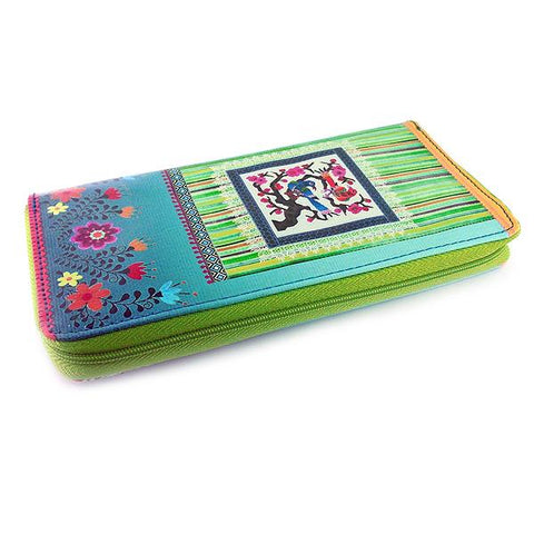 Mlavi kitsch style Mexican textile love bird print vegan large wallet made with Eco-friendly, cruelty free vegan materials. It can carry Iphone & passport. Great for everyday use, travel & as gift for friends & family. Wholesale at www.mlavi.com for gift shop, fashion accessories & clothing boutique.