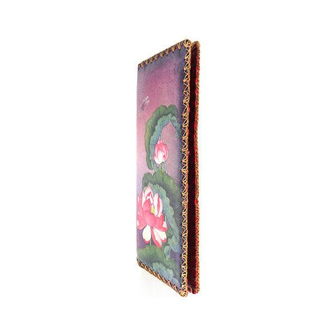 Mlavi studio lotus flower & dragonfly print vegan large flat wallet made with Eco-friendly & cruelty free vegan materials. Great for everyday use or as gift for family & friends. Wholesale at www.mlavi.com to gift shop, clothing & fashion accessories boutiques, book stores in Canada, USA & worldwide.