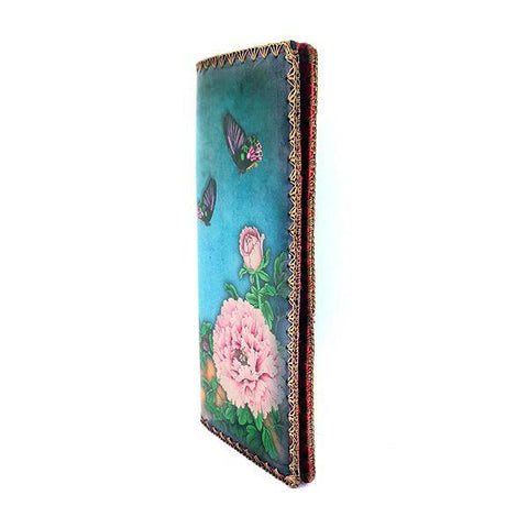 Mlavi vintage look Asian style peony flower & butterfly print vegan large flat wallet for everyday use or gift for family & friends. Wholesale at www.mlavi.com
