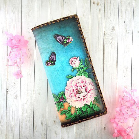 Mlavi vintage look Asian style peony flower & butterfly print vegan large flat wallet for everyday use or gift for family & friends. Wholesale at www.mlavi.com