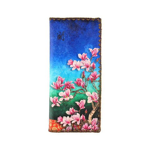Mlavi studio magnolia flower print vegan large flat wallet made with Eco-friendly & cruelty free vegan materials. Great for everyday use or as gift for family & friends. Wholesale at www.mlavi.com to gift shop, clothing & fashion accessories boutiques, book stores in Canada, USA & worldwide.