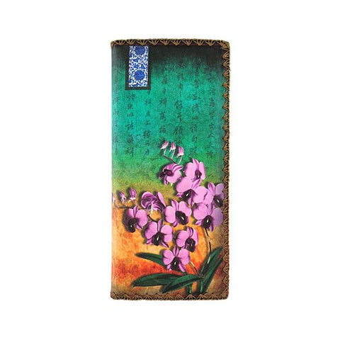 Mlavi studio orchid flower print vegan large flat wallet made with Eco-friendly & cruelty free vegan materials. Great for everyday use or as gift for family & friends. Wholesale at www.mlavi.com to gift shop, clothing & fashion accessories boutiques, book stores in Canada, USA & worldwide.