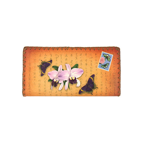 Mlavi studio orchid flower & butterfly print vegan large flat wallet made with Eco-friendly & cruelty free materials. Great for everyday use or as gift for family & friends. Wholesale at www.mlavi.com to gift shop, clothing & fashion accessories boutiques, book stores in Canada, USA & worldwide.