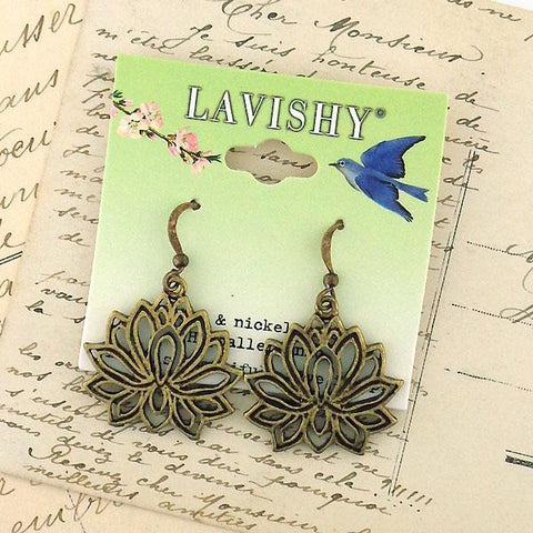 Shop LAVISHY handmade cutout lotus pendant earrings made with recycled materials. They are unique, fun, Eco-friendly & affordable. Wholesale available at www.lavishy.com for gift shop, boutique & corporate buyer.