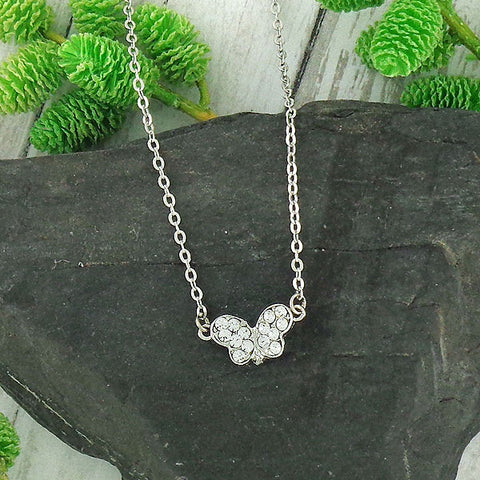 Online shopping for rhodium/12k gold plated butterfly pendant necklace with Austrian crystal accent. A great gift for you or your girlfriend, wife, co-worker, friend & family. Wholesale at www.lavishy.com with many unique & fun fashion accessories.